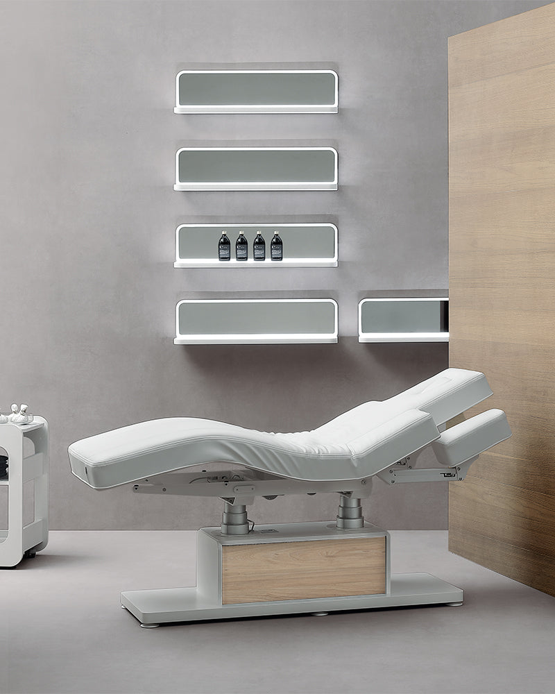 The Clair - White massage treatment table with oak pattern details - with motor - with adjustable armrests